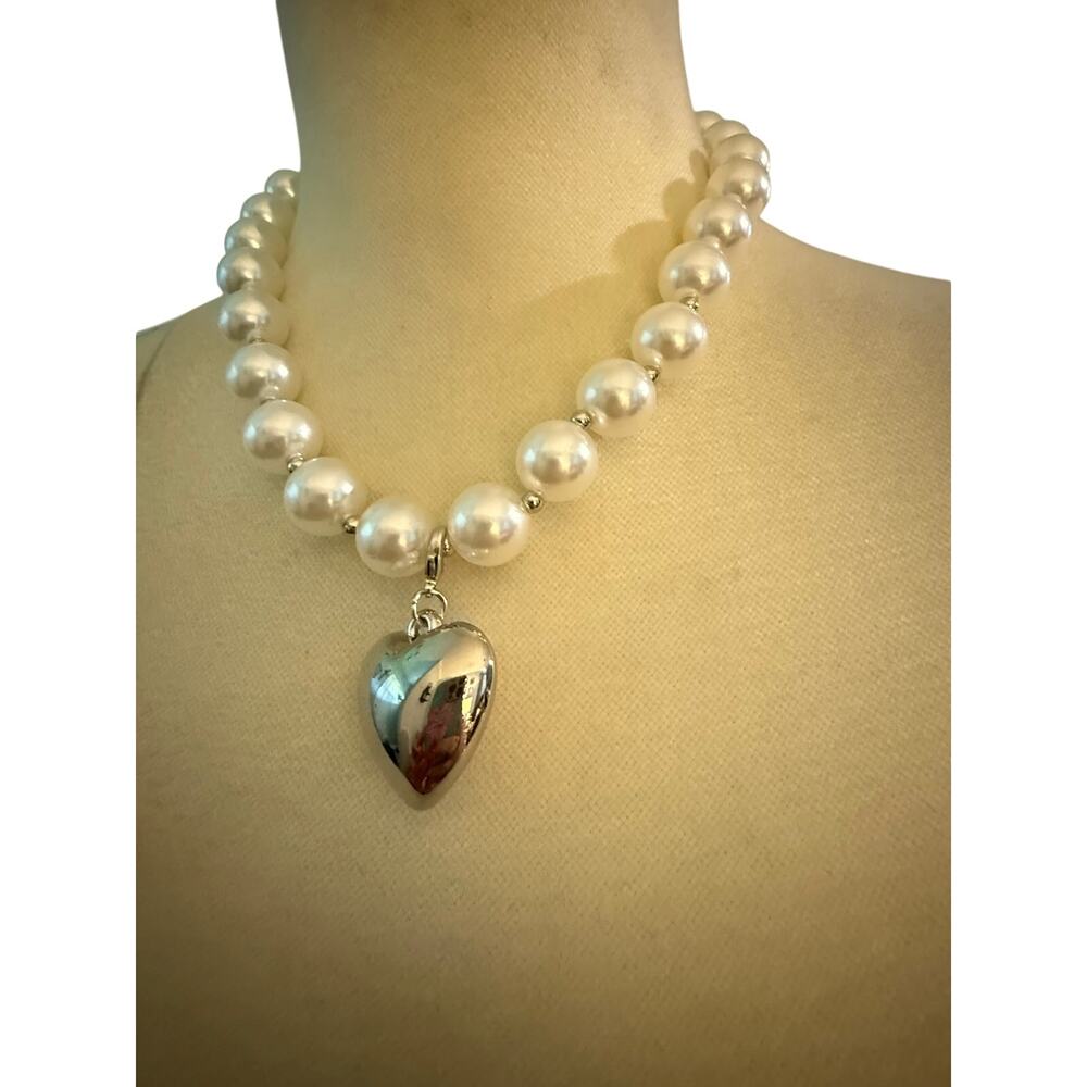 Faux Pearl Statement Necklace with Silver Tone Puff Heart Pend